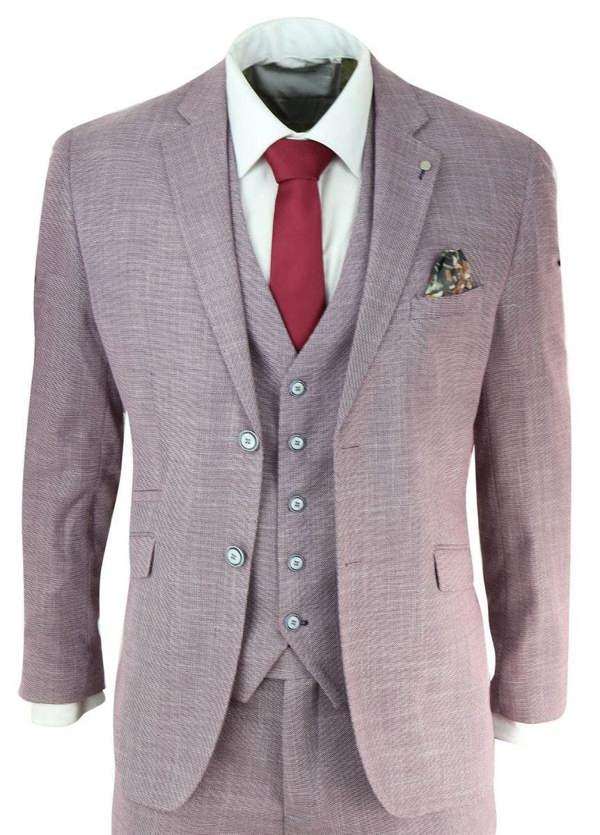House of Cavani Mens 3 Piece Blush Pink Linen Summer Spring Classic Suit