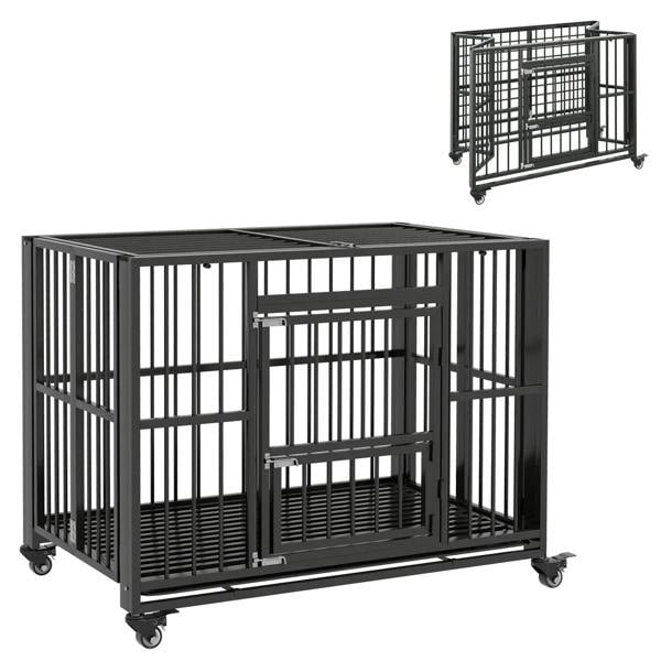 Black heavy-duty foldable dog crate with front door and caster wheels, metal bar panels