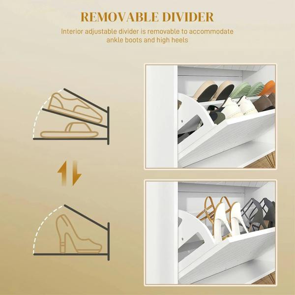 White shoe storage cabinet with removable divider inside, open shelves for boots and heels