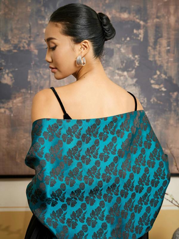 Teal & Black Reversible Jacquard Silk Shawl