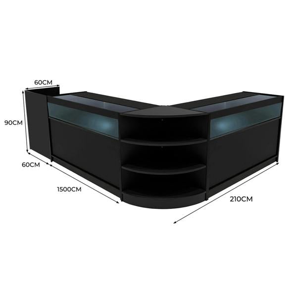 Sagittarius LED Shop Counter Set in black, featuring sleek design, curved edges, glass display tops, and ample shelving space
