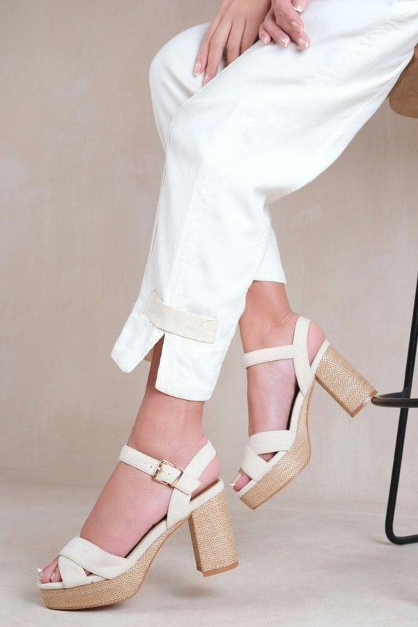 Where's That From Volume Wide Fit Block High Heels With Cross Over Straps in Light Cream Suede