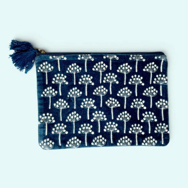 Hayley & Co Embroidered Velvet Make Up Bag | Everyday Pouch | Allium Seedhead Floral in Navy Blue