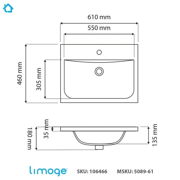 Limoge 5089 Ceramic 61cm Thin-Edge Inset Basin with Dipped Bowl