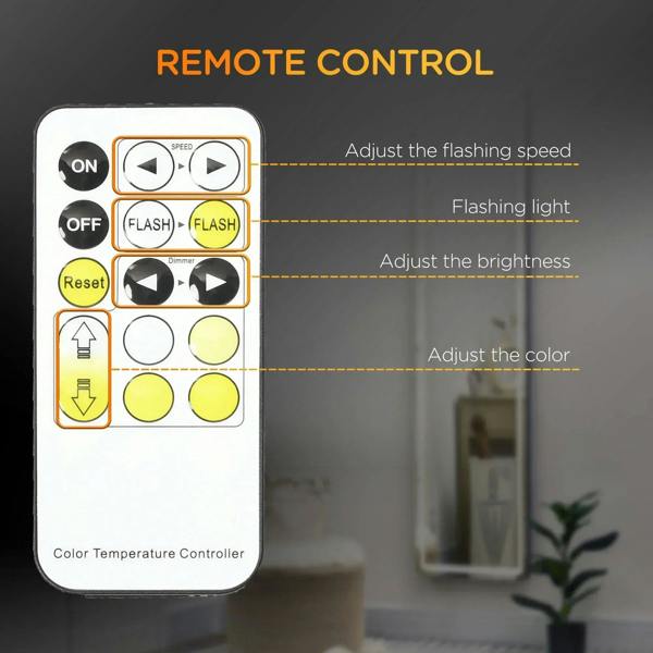 LED mirror remote control with buttons for brightness, color, and flashing