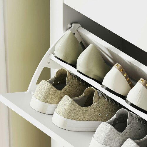 Wyld Haus Rimi Wooden White and Natural 2 Drawer Shoe Cabinet Faux Leather Handles