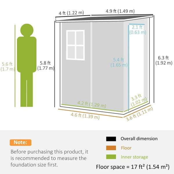 Grey lean-to storage shed dimensions diagram with height, width, and floor space values