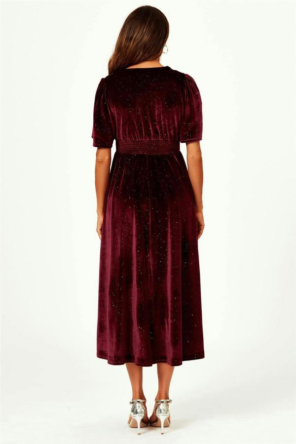 FS Collection V Neck Velvet Midi Dress In Wine