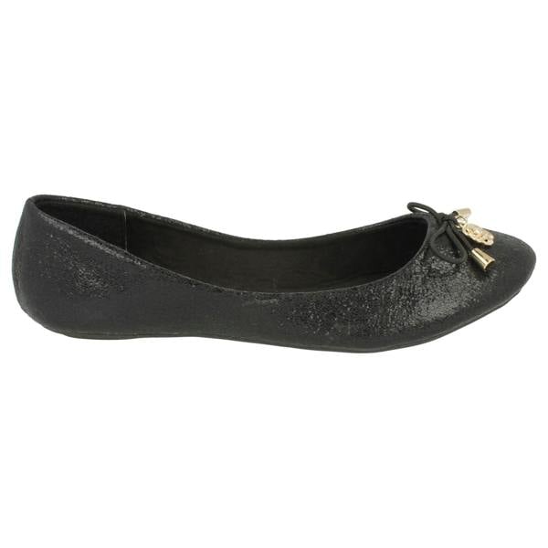 Spot On Ladies Spot On Flat Ballerina Metal Flower Attachment Bow