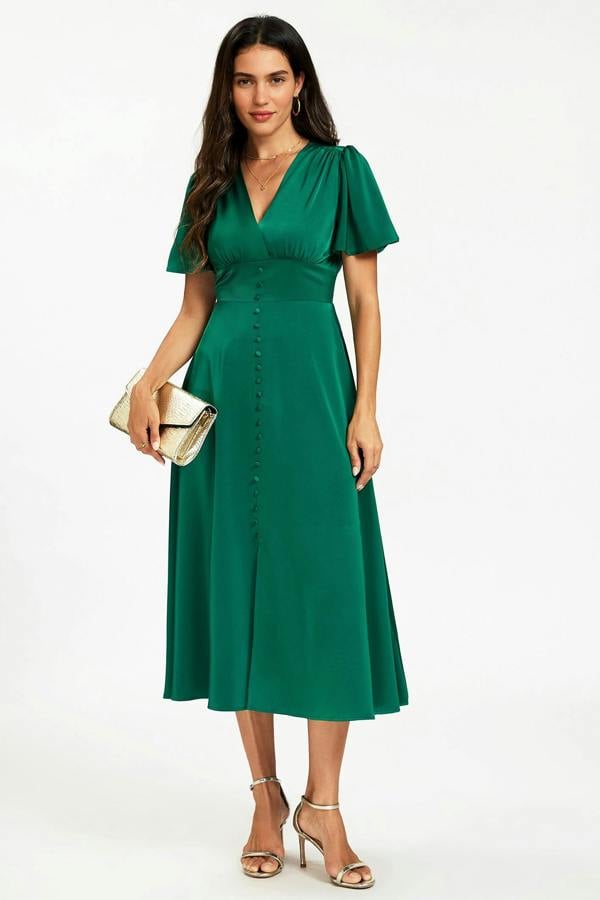 FS Collection Satin V neckline Button Detail Dress In Green