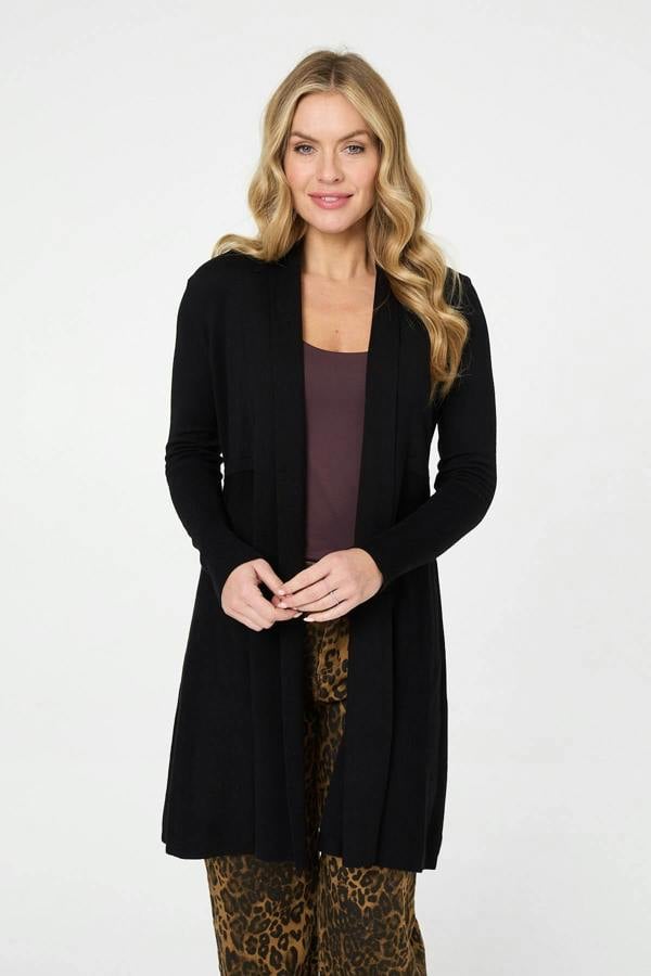 Black | Open Front Longline Relaxed Cardigan: Model is 5'10"/178 cm and wears UK8/EU36/US4/AUS8