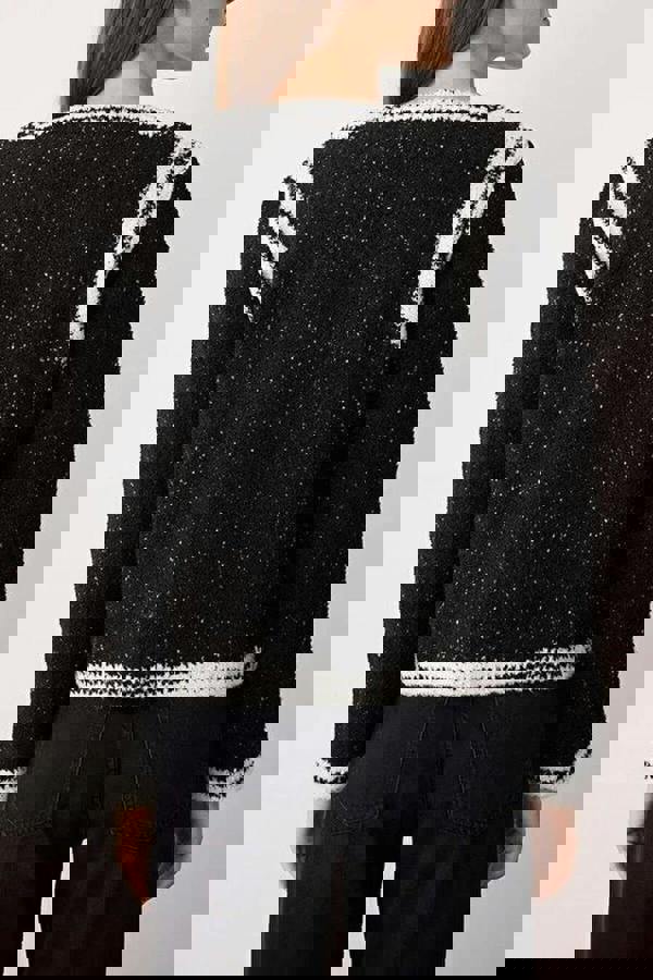 WOVCOR Color Block Glittery Knit Cardigan with Embroidered Detail