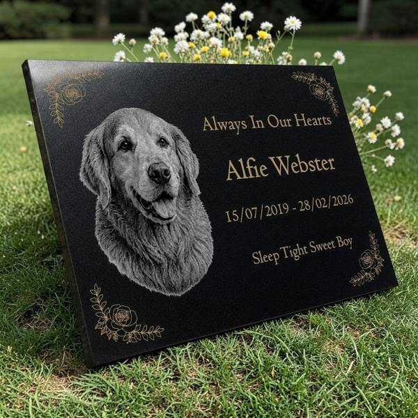 Memorials Direct Dog Memorial Granite Photo Plaque - Floral Design