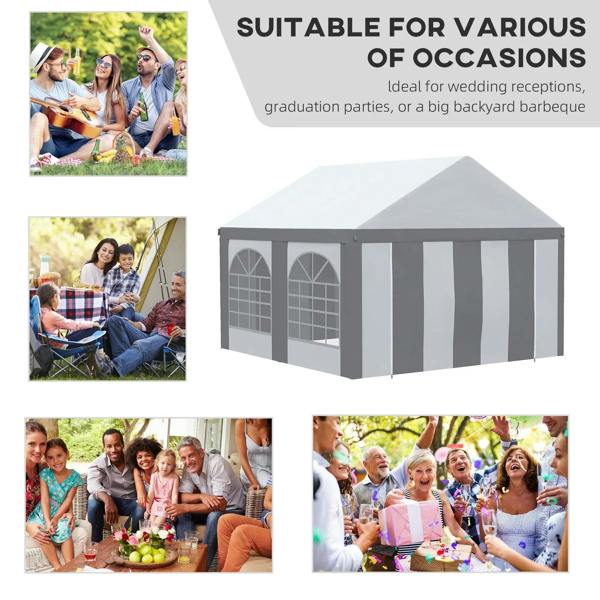 Light grey gazebo with windowed side panels and white roof, shown with event-use photos
