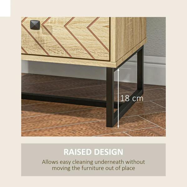 Natural wood nightstand base with raised frame and two zigzag drawers; black handles