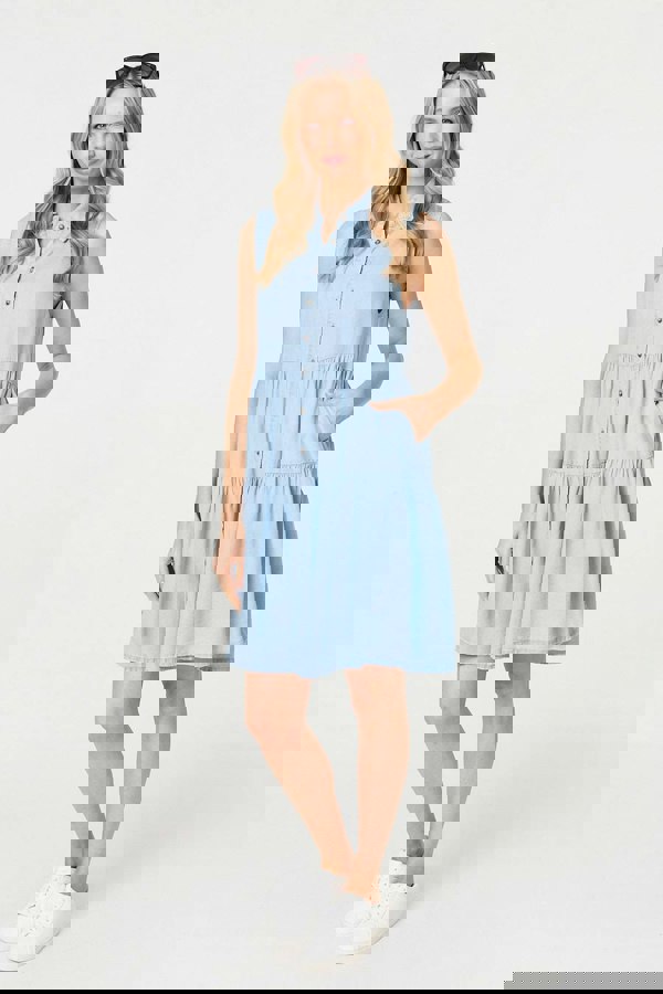 Light Blue | Sleeveless Tiered Shirt Mini Dress
