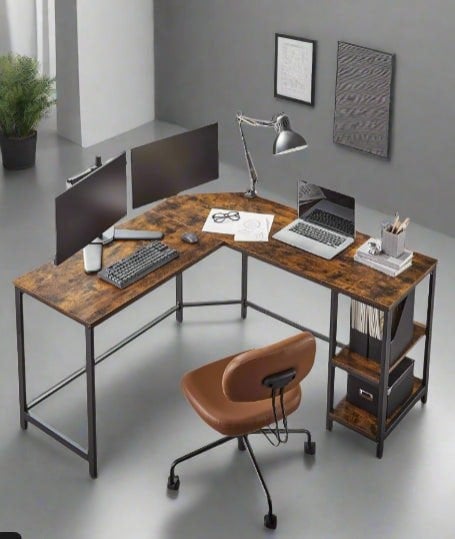 Modcraft Rustic Brown & Black L-Shaped Computer Desk with Storage Shelves – 138x138 cm