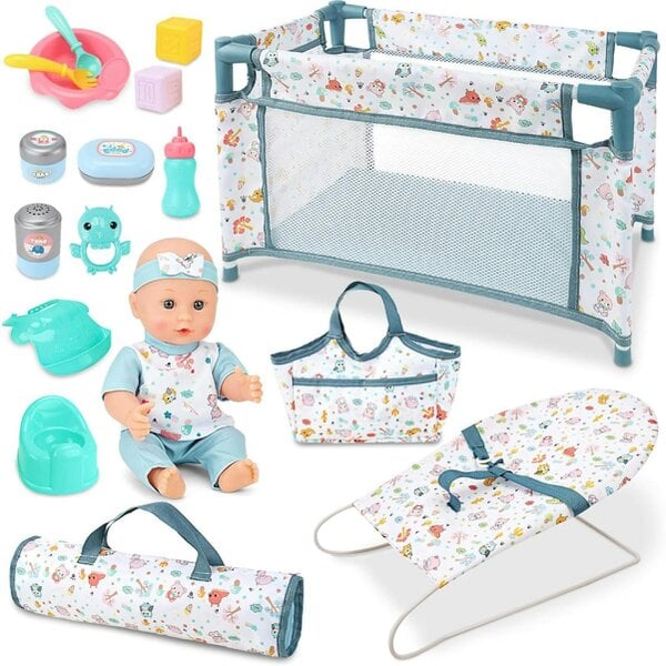 deAO 4-in-1 Baby Doll Nursery Playset with 12" Doll, Crib, Rocker & Accessories (Ages 3+)