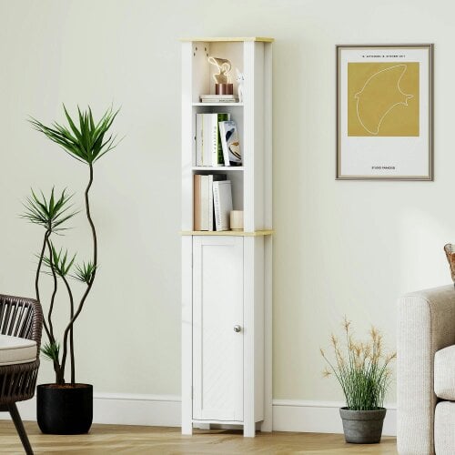 Wyld Haus Nifael Slim Bathroom Storage Cabinet With OFauxn Compartment And Adjustable Shelves White 34 x 23 x 165 cm
