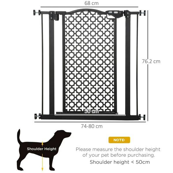Black pressure-fit pet gate with lattice panel and adjustable standing frame