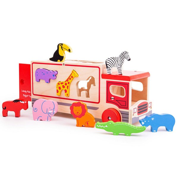 Bigjigs Toys Wooden Safari Sorting Lorry Toy - Includes 9 Wooden Animals