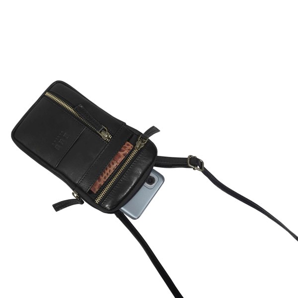 Real Hide Bags 'BROOKE' Black Polished VT Real Leather Mobile Phone Crossbody Bag