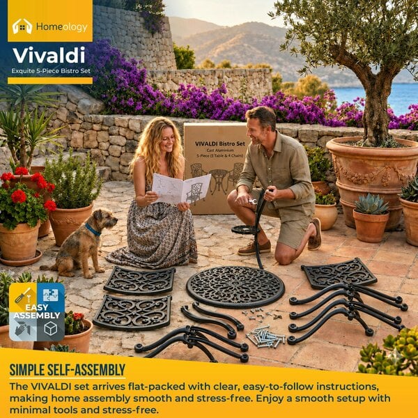 Homeology VIVALDI Black 5-Piece Cast Aluminium Garden Bistro Set- Rust-Proof Round Table with Parasol Hole & 4 Large Armchairs- Baroque Design