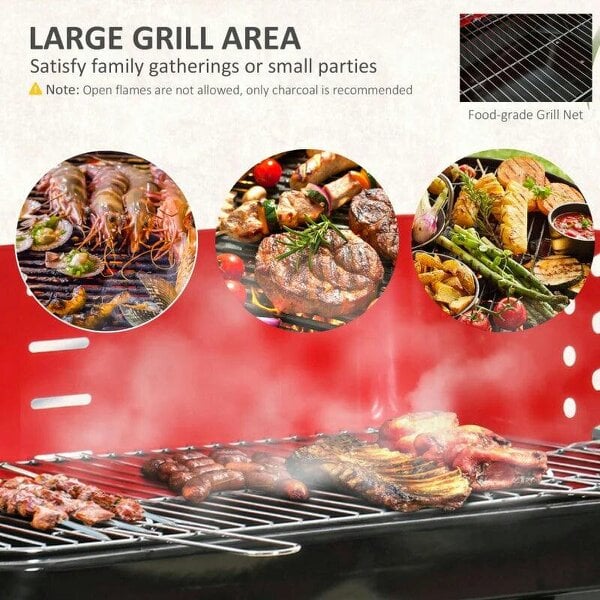 Bobobiy Charcoal Trolley BBQ Barbecue Grill Patio Camping Picnic Garden Party Outdoor Cooking with Windshield and Wheels Side Trays, Black/Red
