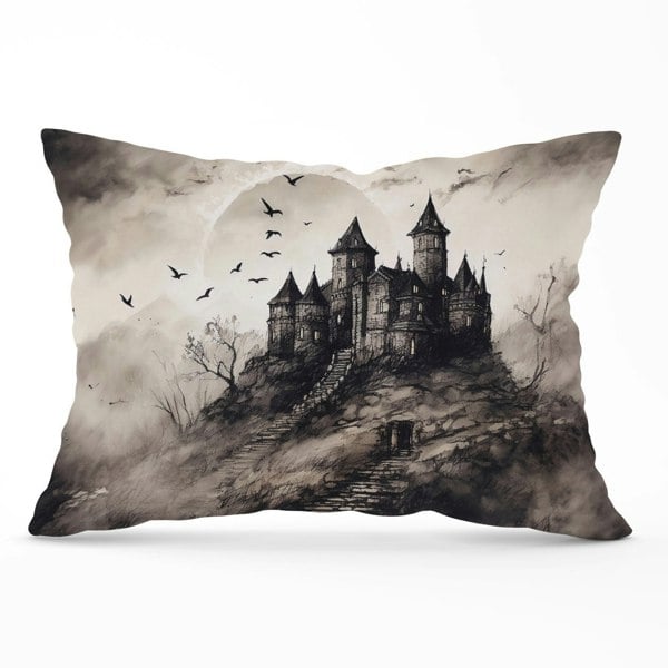 Warren Reed A Realistic Ink Drawing Of A Haunted Castle Cushions