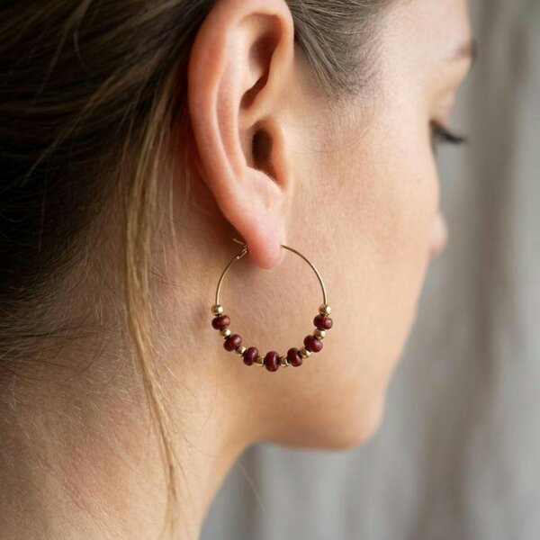 The Colourful Aura Red Sandalwood Bead Hoop Earrings | Gold Plated