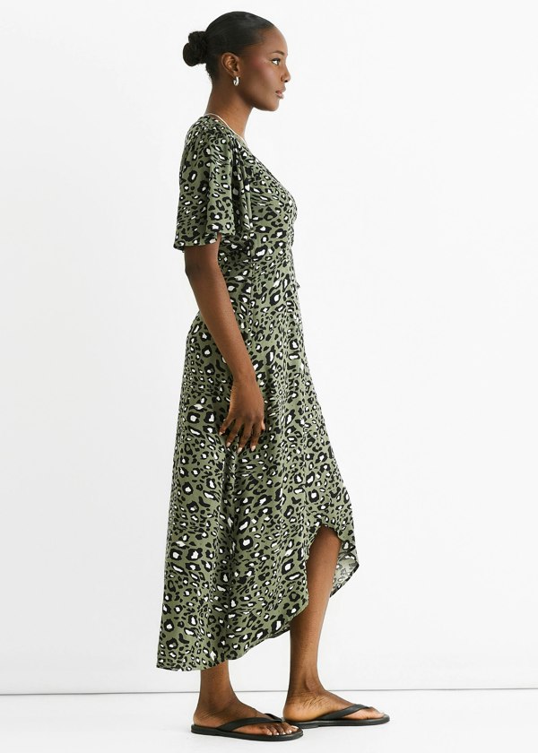 Gini London Khaki Animal Print Viscose Wrap Midi Dress