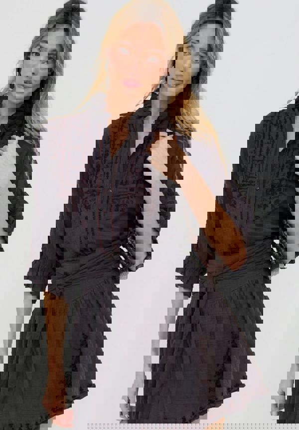 Raffya Julie Ruffle Neck Embroidered Shirt In Dark Grey