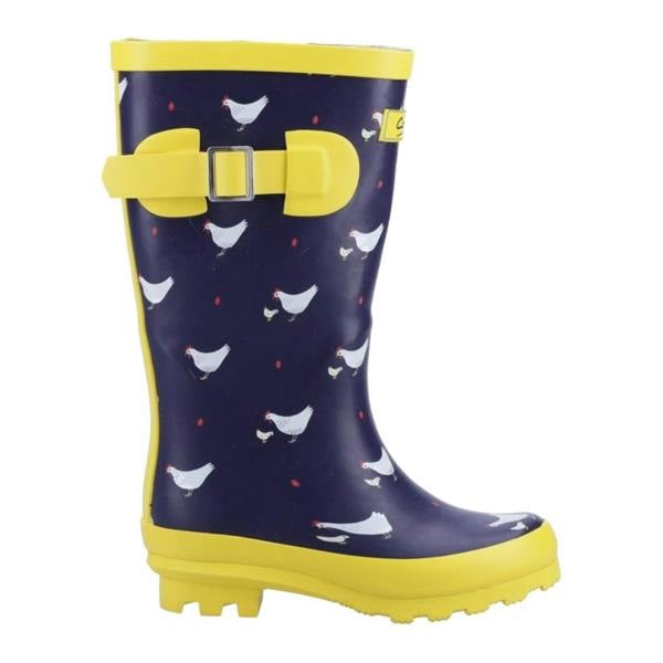 Cotswold Womens Farmyard Chicken Mid Calf Wellington Boots - Navy/Yellow