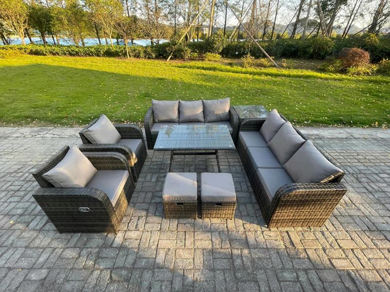 Fimous 10 Seater Rattan Garden Set, Sofa, Patio Table, 3 Seater Sofa, Dining Table, Side Table and 2 Small Footstools, Dark Grey Mixed