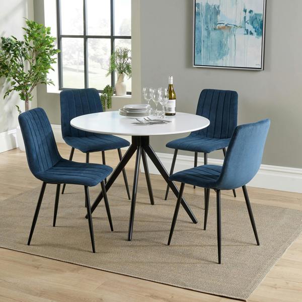 Core Products Aspen Dining Set - White Round Table & 4 Upholstered Straight Stitch Dining Chairs
