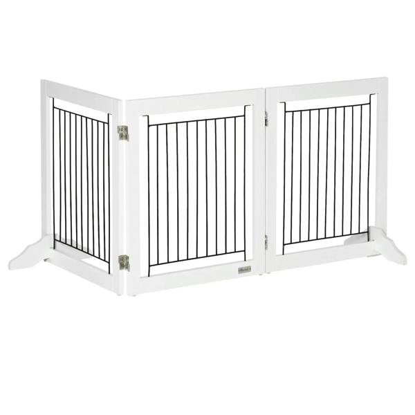White three-panel foldable pet gate with black bars and two support feet, front view
