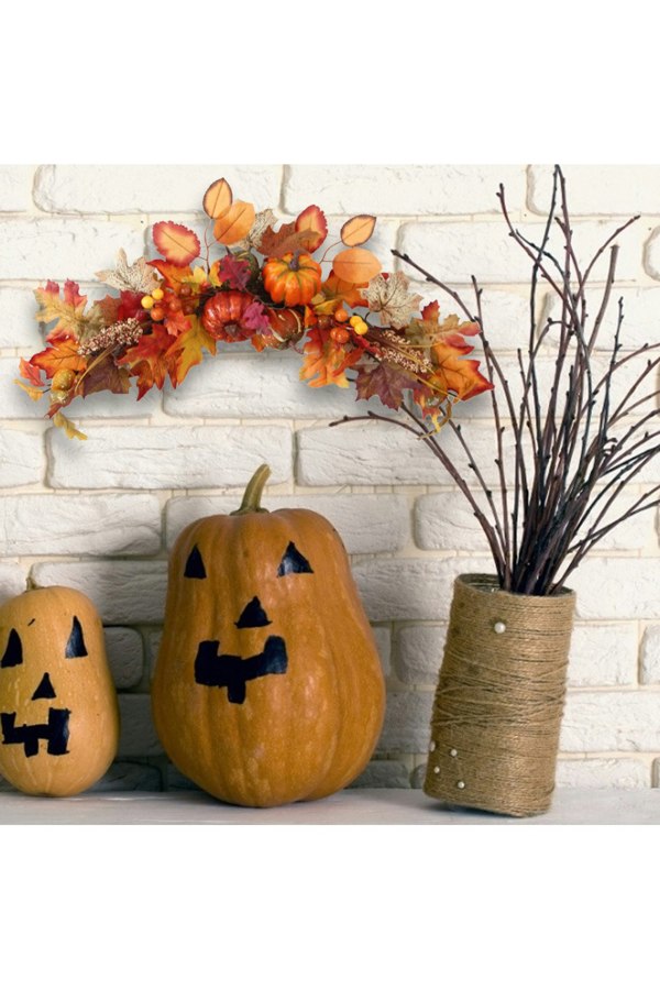 Living and Home 60cm Artificial Autumn Swag Maple Leaves Berry Pumpkin Arch Garland with Light for Halloween Thanksgiving Decor