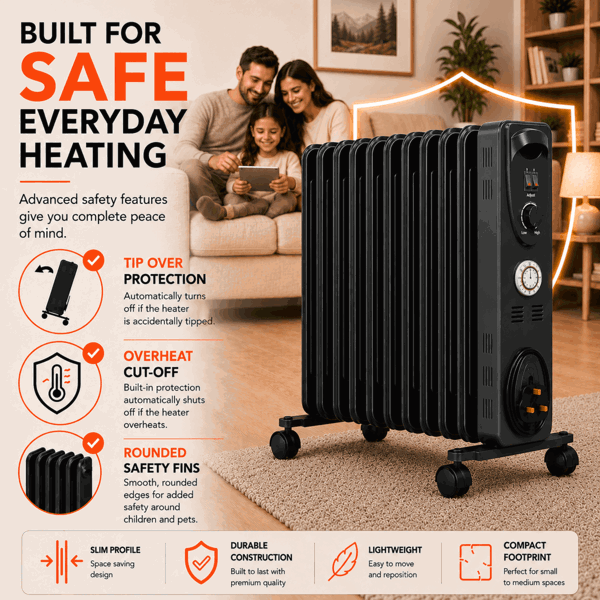 MYLEK Oil Filled Radiator 2500w Portable Heater Thermostat 24 Hour Timer Grey