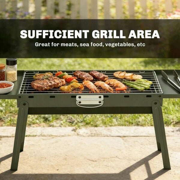 Bobobiy Portable BBQ Grill, Foldable Charcoal Grill for Camping and Picnics with 2 Side Shelves and Handle, Green