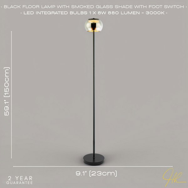 Modern LED Floor Lamp in Matte Black with Smoked Glass Shade and Foot Switch Image 4