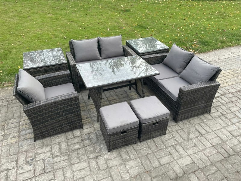 Fimous Outdoor Garden Dining Set - Dark Grey Mixed PE Wicker Rattan Sofa with Rectangular Dining Table & 2 Small Footstools