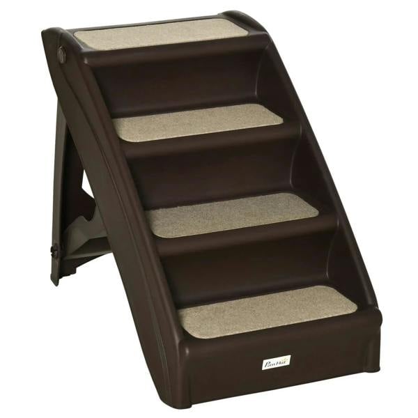 Brown four-step pet stairs with beige non-slip treads and open side frame