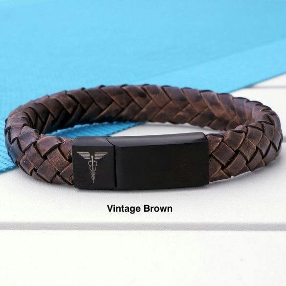 Christopher James of London Unisex Leather and Stainless Steel Medic Bracelet with Free Engraving - Vintage Brown