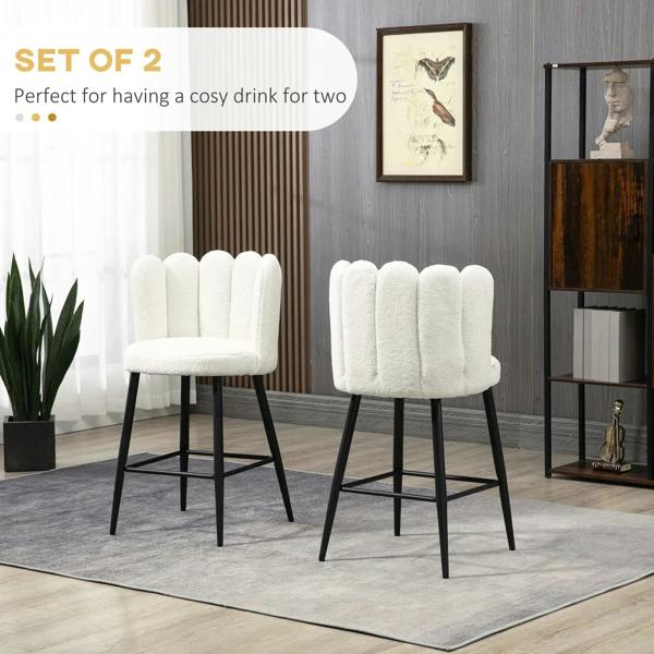 Cream boucle bar stool set of 2 with curved backs, padded seats, and black legs