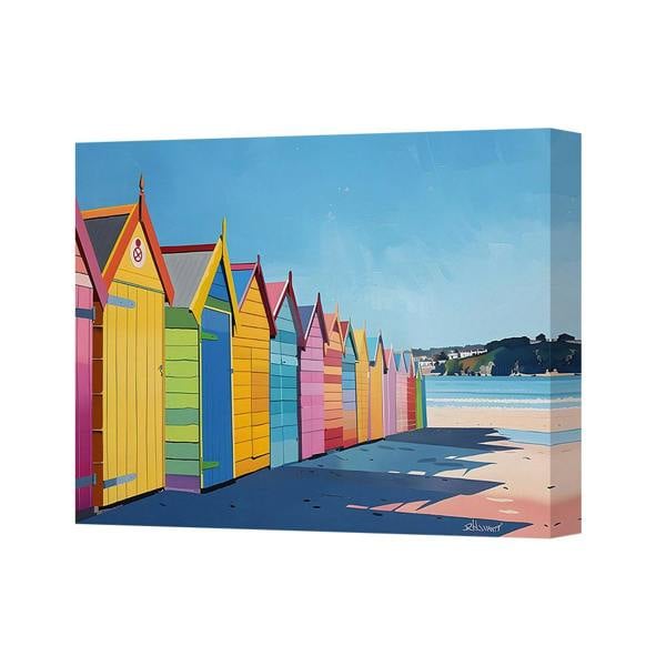 Benjamin Tate Design Vibrant Beach Huts Canvas Wall Art Seaside Coastal Painting