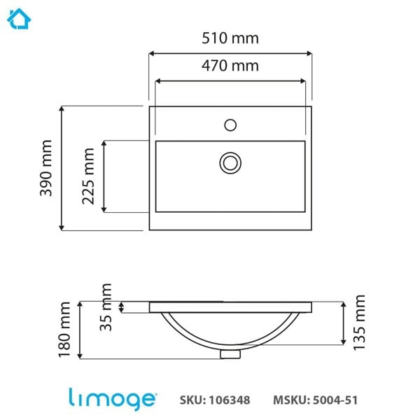Limoge 5004 Ceramic 51cm Mid-Edge Inset Basin with Dipped Bowl