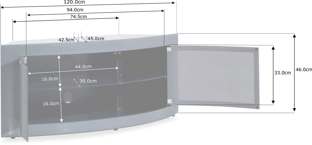Centurion Supports PANGEA Grey Beam-Thru CurvedTru-Corner 32"-50" TV Cabinet