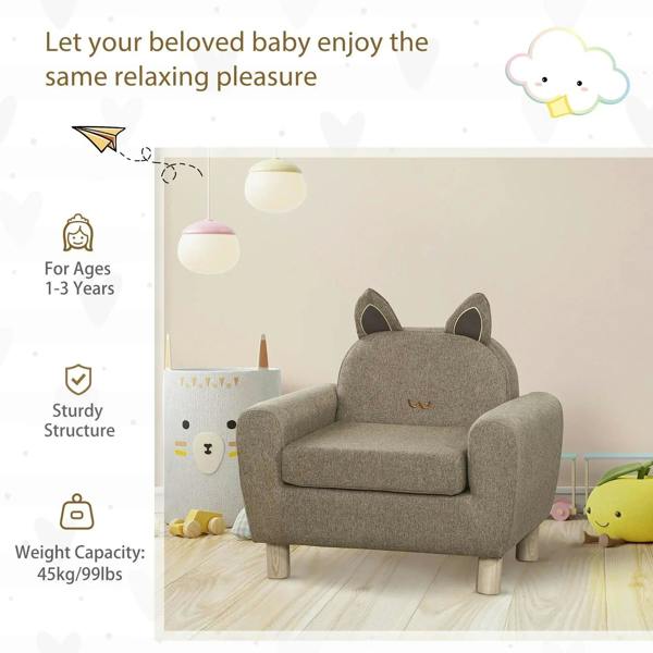 Kids toddler armchair with cat-ear back in brown upholstery, wooden legs, child-friendly seating