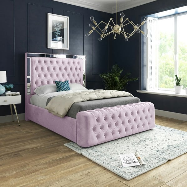Casa Magna Marino Mirror Upholstered Soft Velvet Bed Frame - Pink