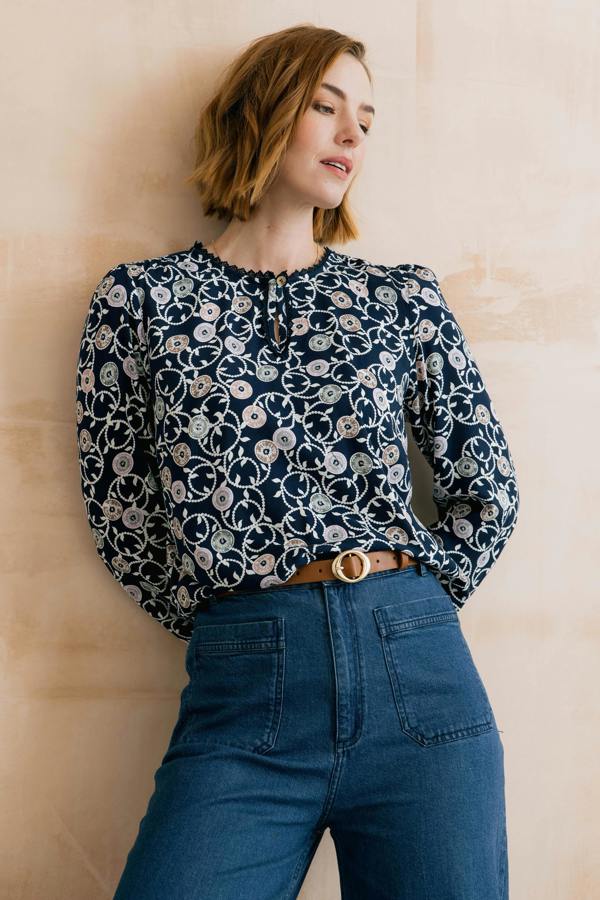 Lily & Me Emily Printed Keyhole Blouse Navy